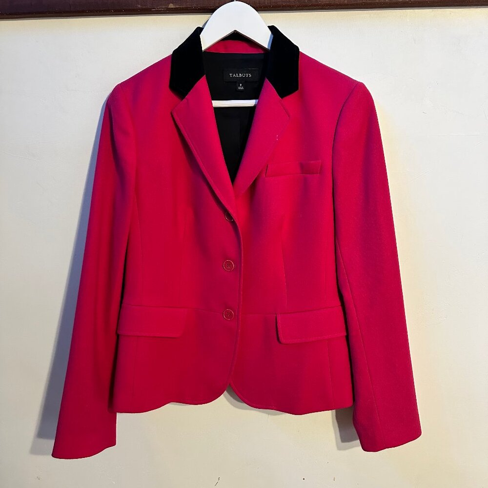 Stunning Talbots wool jacket, fuchsia with black collar. size 8